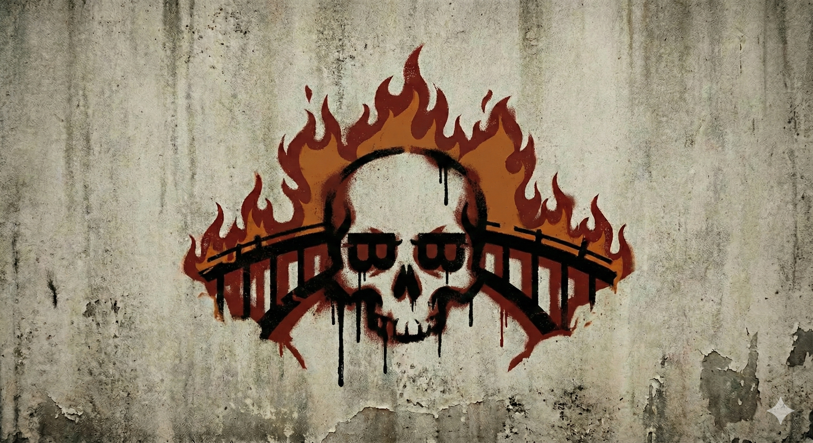 Burning Bridges — flaming skull over a burning bridge