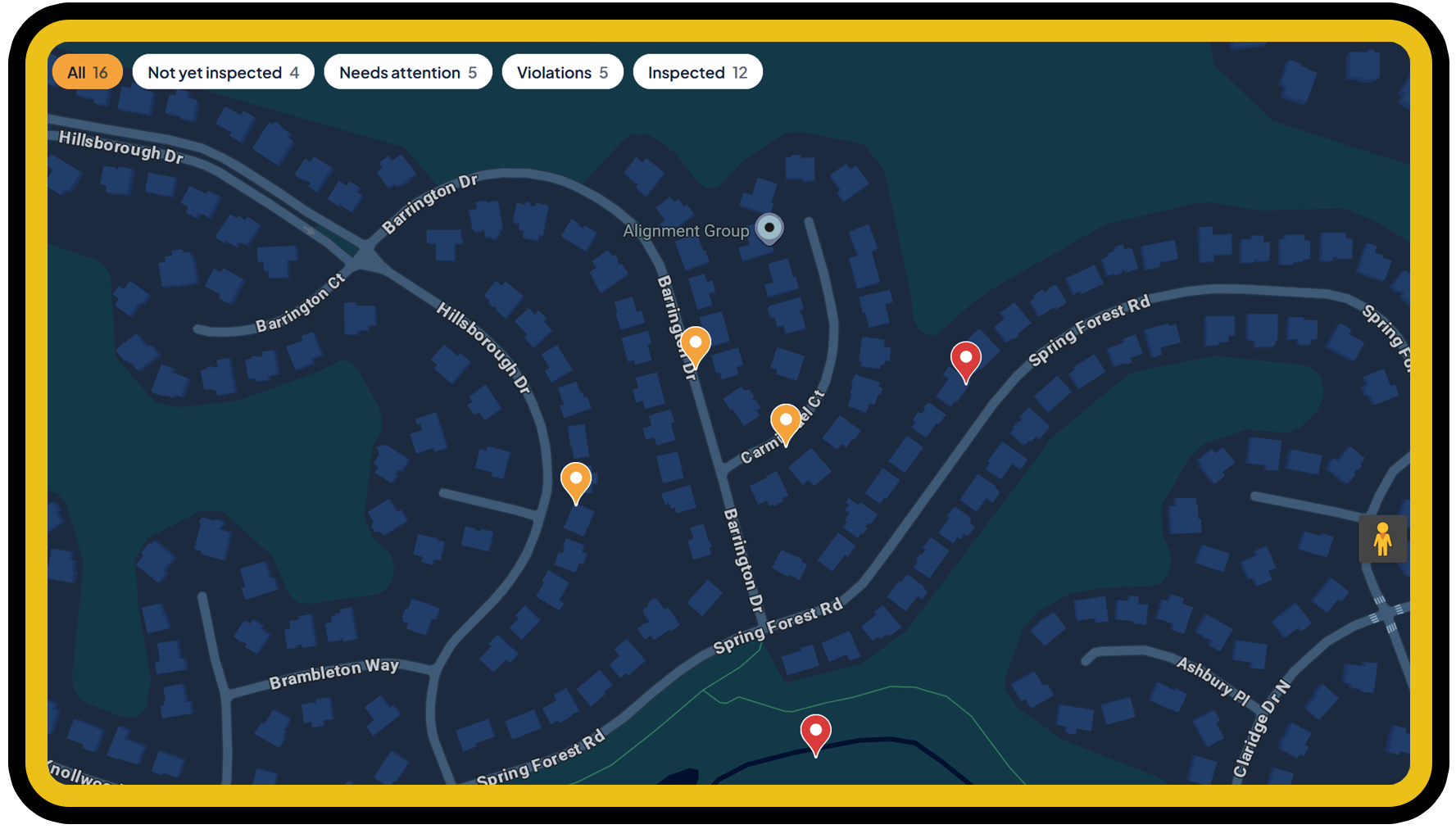 PorchLight community map with inspection status pins